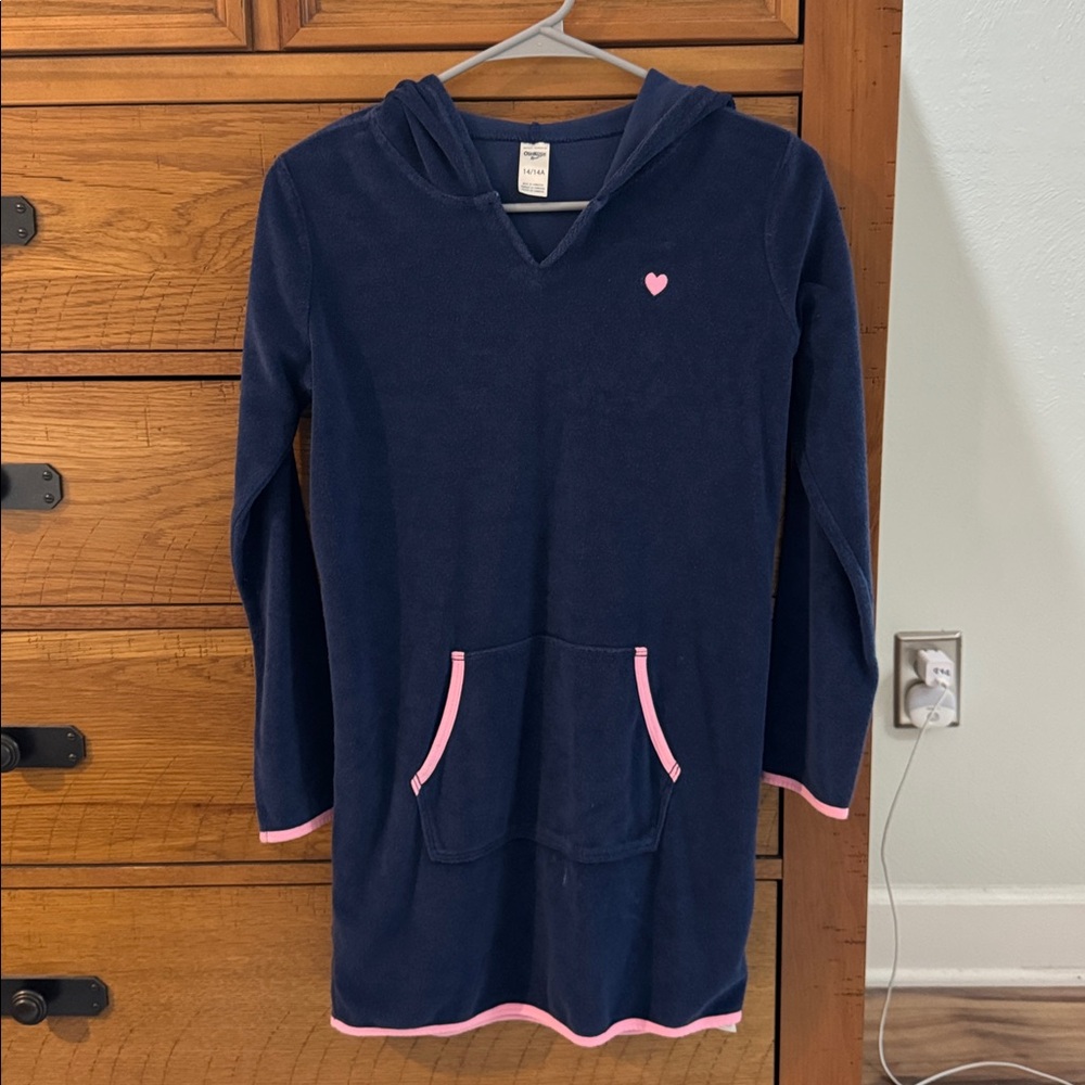 Oshkosh Navy Hooded Terry Dress swim coverup with Pink Accents